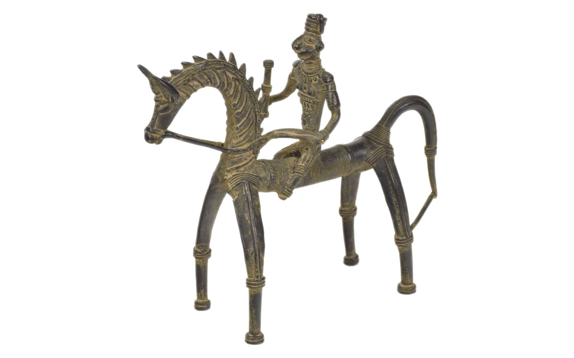 Jazdec na koni, Tribal Art, mosadzná socha, 22x8x21cm