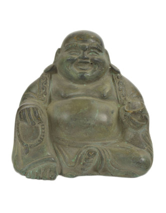 Budha, kovová socha, zelená patina, 12x8x11cm