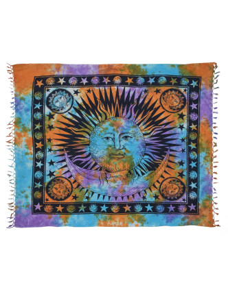 Prikrývka na posteľ s ručným tlačou Slnko & Mesiac, strapce, batika 208x240 cm
