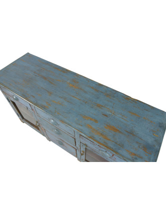 Komoda z teakového dreva, šedo modrá patina, 141x46x75cm
