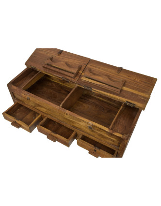 Starý Kupecký stolík z teakového dreva, šuplíky, 123x46x48cm