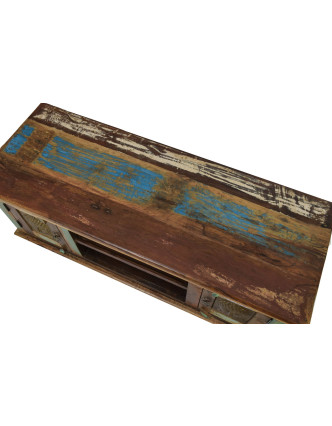 Komoda pod TV z antik teakového dreva zdobená mosadznými Budhu, 120x45x52cm