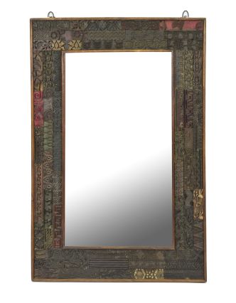 Zrkadlo v ráme z teakového dreva zdobené starými raznicami, 63x4x94cm