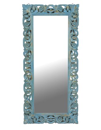 Tyrkysové ručne vyrezávané zrkadlo z mangového dreva, 60x4x130cm
