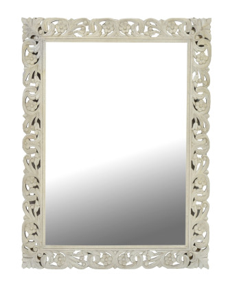 Biele ručne vyrezávané zrkadlo z mangového dreva, 90x4x120cm