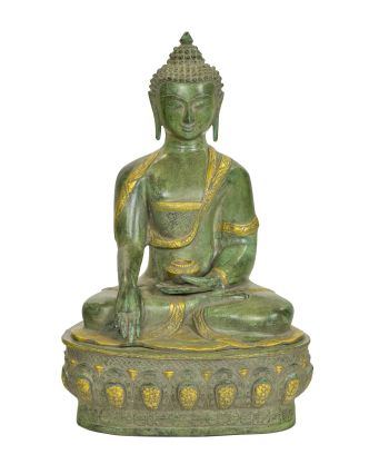 Budha Šákjamúni, antik zelená patina, mosadz, 35x30x52cm