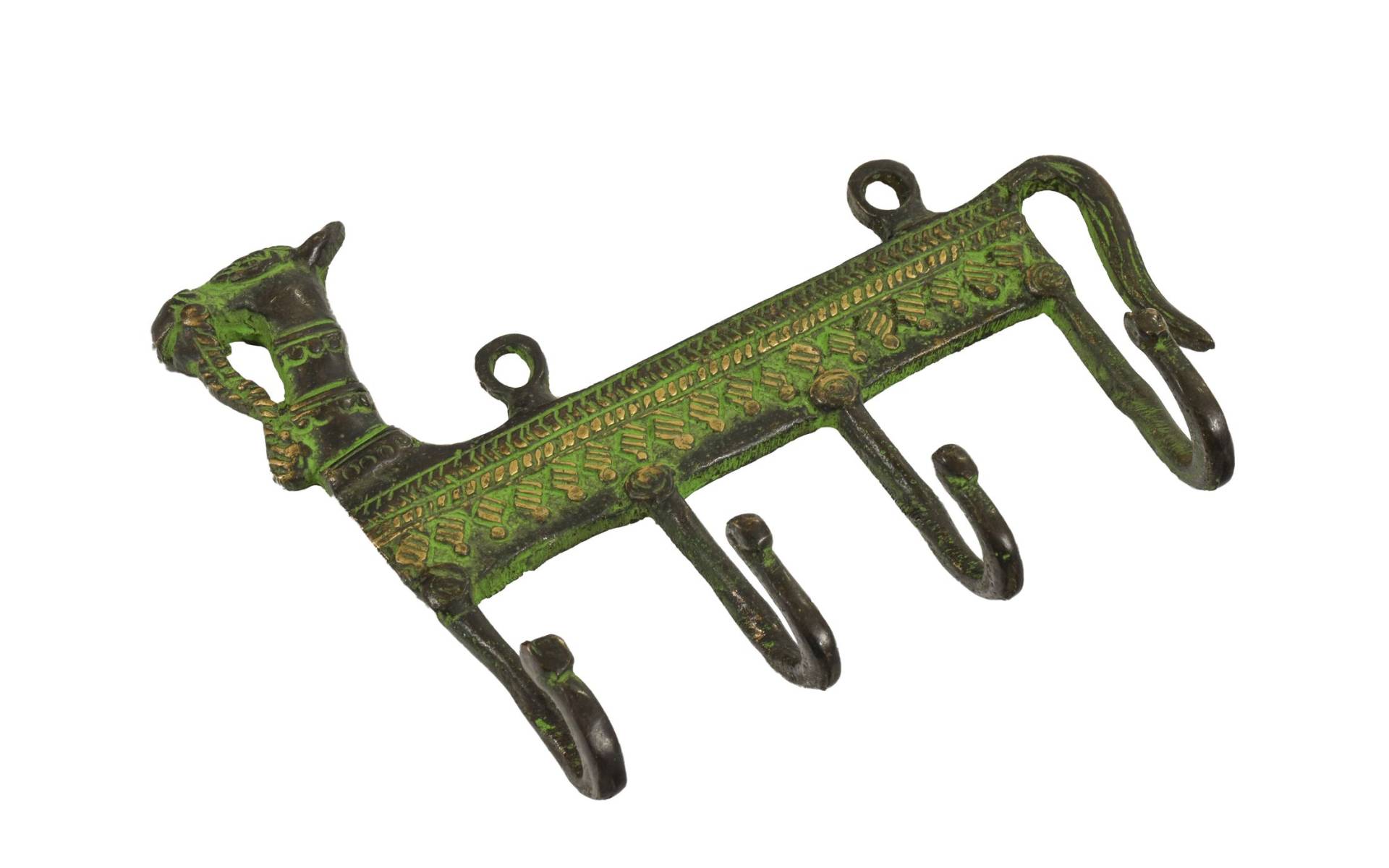 Vešiačik ťava, "Tribal Art", zelená patina, mosadz, štyri háčiky, 16cm