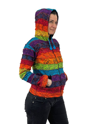 Multifarebná patchworková mikina s kapucňou a potlačou, podšitá flísom, vrecká, zips