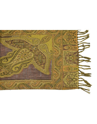 Luxusné vlnený šál, hnedý, paisley vzor, strapce, 32x152cm