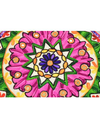 Meditačné vankúš, biely, ručne vyšívaný Kashmir Floral Design, okrúhly 40x12cm