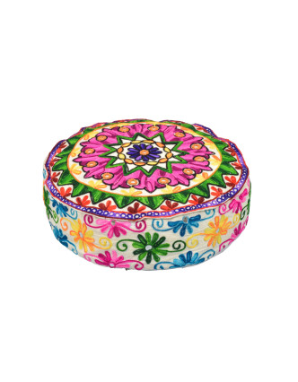 Meditačné vankúš, biely, ručne vyšívaný Kashmir Floral Design, okrúhly 40x12cm