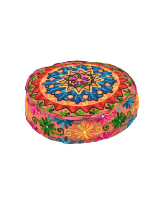 Meditačné vankúš, hnedý, ručne vyšívaný Kashmir Floral Design, okrúhly 40x12cm