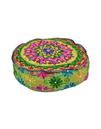 Meditačné vankúš, zelený, ručne vyšívaný Kashmir Floral Design, okrúhly 40x12cm