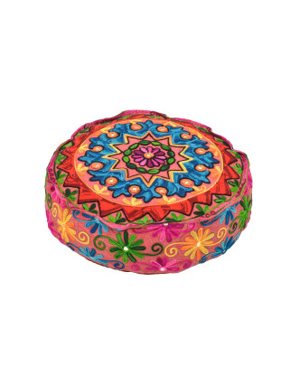 Meditačné farebný vankúš, ručne vyšívaný Kashmir Floral Design, okrúhly 40x12cm