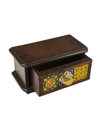 Drevená skrinka s zásuvkou, keramické dlaždice, kovové madlo, 21,5x11,5x10,5cm