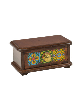 Drevená skrinka s zásuvkou, keramické dlaždice, kovové madlo, 21x12x11cm