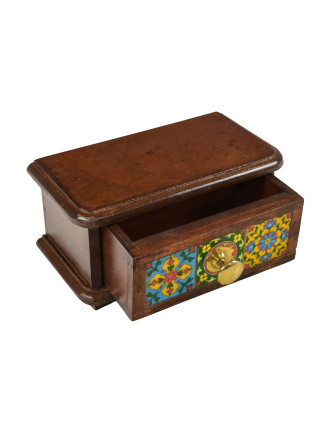 Drevená skrinka s zásuvkou, keramické dlaždice, kovové madlo, 21x12x11cm