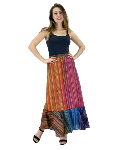 Dlhá farebná sukňa, široký volán, prúžky, guma na chrbte, dĺžka cca 97cm