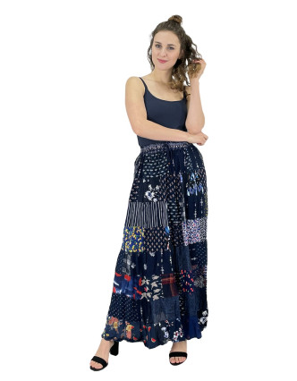 Dlhá patchworková sukňa, modrá, farebná potlač, guma v páse, dĺžka cca 106cm