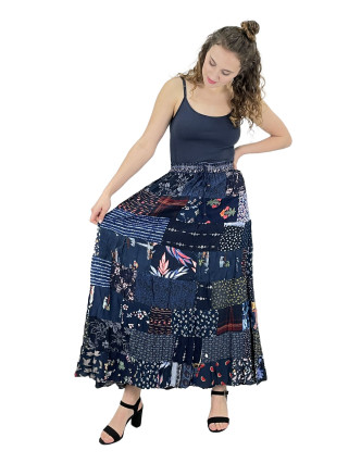 Dlhá patchworková sukňa, modrá, farebná potlač, guma v páse, dĺžka cca 103cm