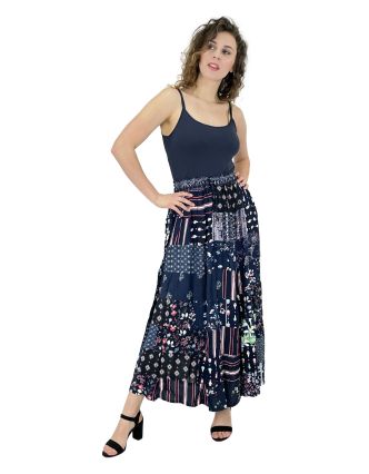 Dlhá patchworková sukňa, farebná potlač, modrá, guma v páse, dĺžka cca 100cm