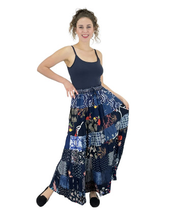 Dlhá patchworková sukňa, modrá, farebná potlač, guma v páse, dĺžka cca 102cm