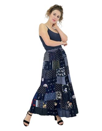 Dlhá modrá patchworková sukne, farebná potlač, guma v páse, dĺžka cca 100cm