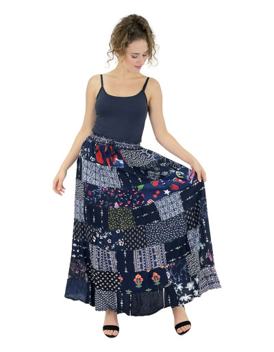 Dlhá patchworková sukňa, modrá, farebná potlač, guma v páse, dĺžka cca 100cm