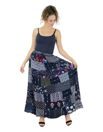 Dlhá patchworková sukňa, modrá, farebná potlač, guma v páse, dĺžka cca 100cm