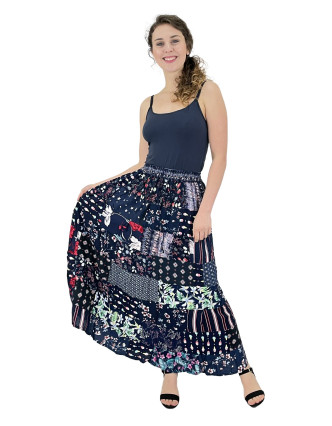 Dlhá patchworková sukňa, modrá, farebná potlač, guma v páse, dĺžka cca 99cm