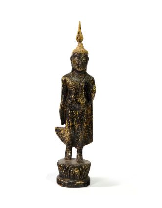 Narodeninový Budha, pondelok, teak, čierno-zlatá patina, 23cm