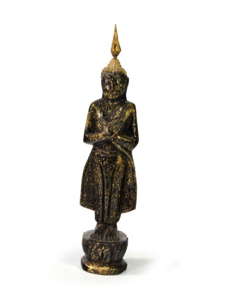 Narodeninový Budha, piatok, teak, čierno-zlatá patina, 23cm