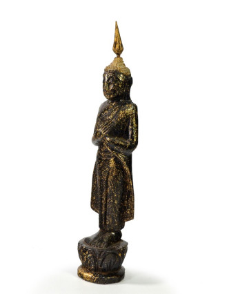 Narodeninový Budha, piatok, teak, čierno-zlatá patina, 23cm
