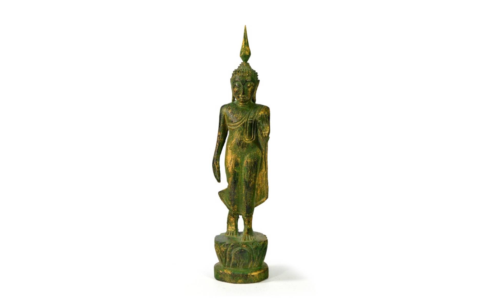 Narodeninový Budha, pondelok, teak, zelená patina, 23cm