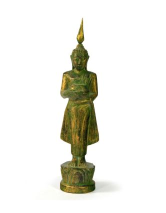 Narodeninový Budha, streda, teak, zelená patina, 23cm