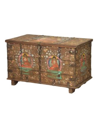 Stará truhla z teakového dreva, ručne maľovaná, zdobená kovaním, 118x62x72cm