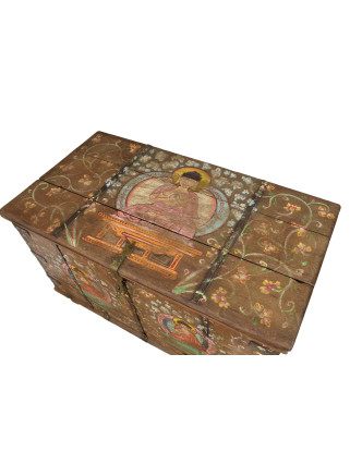 Stará truhla z teakového dreva, ručne maľovaná, zdobená kovaním, 118x62x72cm
