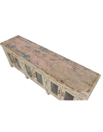 Presklená skrinka z teakového dreva, ružovo tyrkysová patina, 177x45x63cm