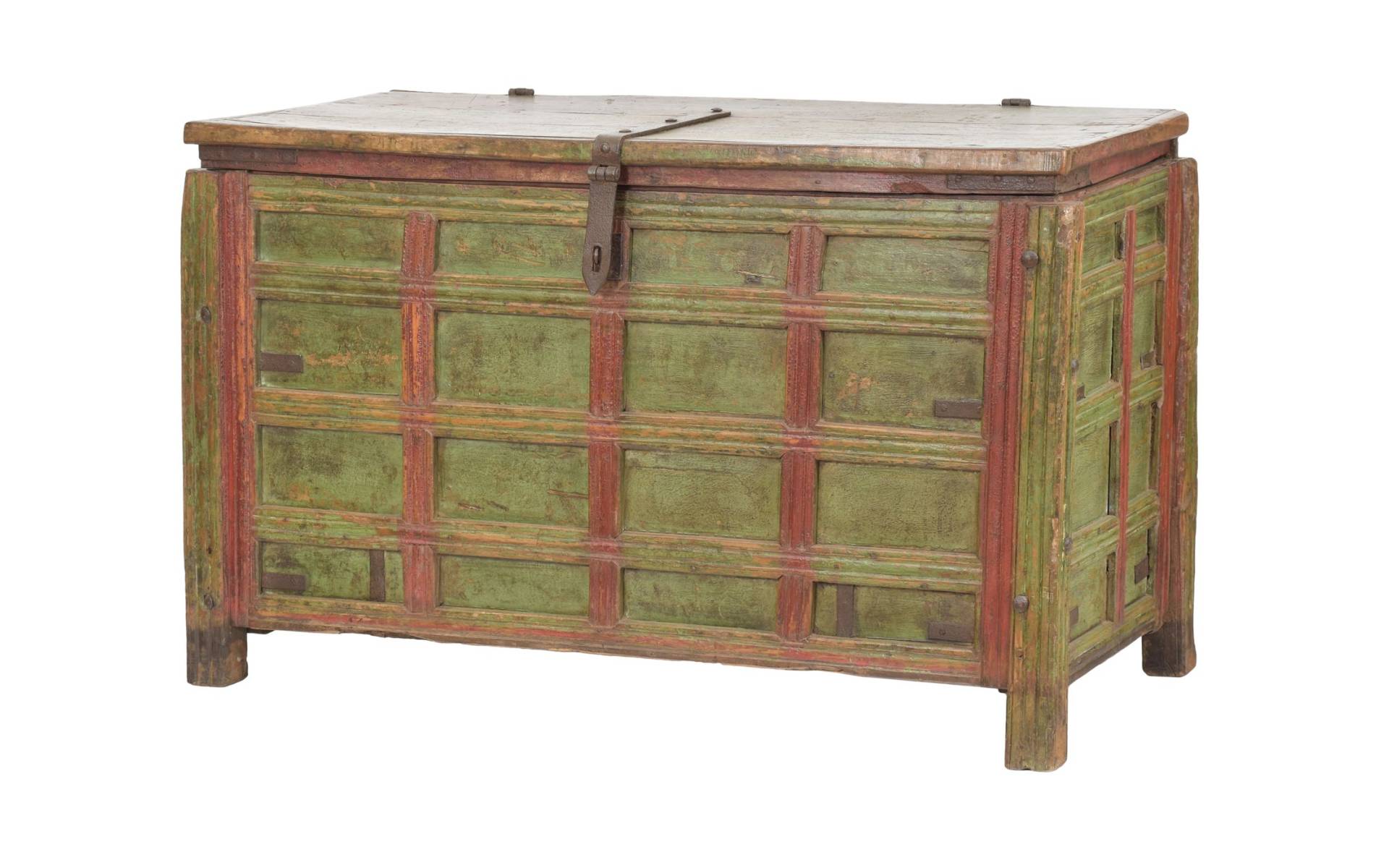Stará truhla z teakového dreva, ručne maľovaná, zdobená kovaním, 131x61x83cm