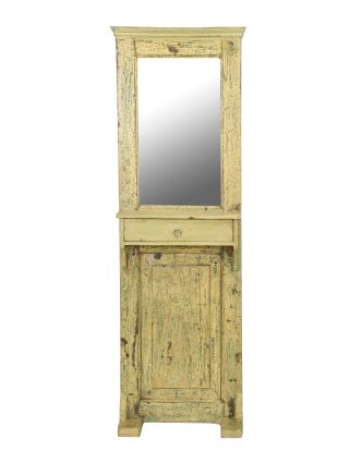 Zrkadlo v ráme na stojane, šuplík, antik teak, biela patina, 58x38x188cm