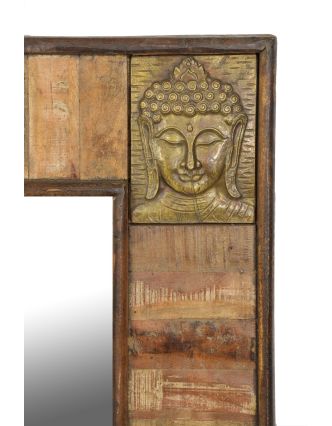 Zrkadlo v ráme, kovanie hlavy Budhu, antik teak, 90x5x122cm
