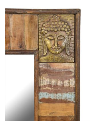 Zrkadlo v ráme z teakového dreva zdobené reliéfmi Budhov, 90x5x122cm