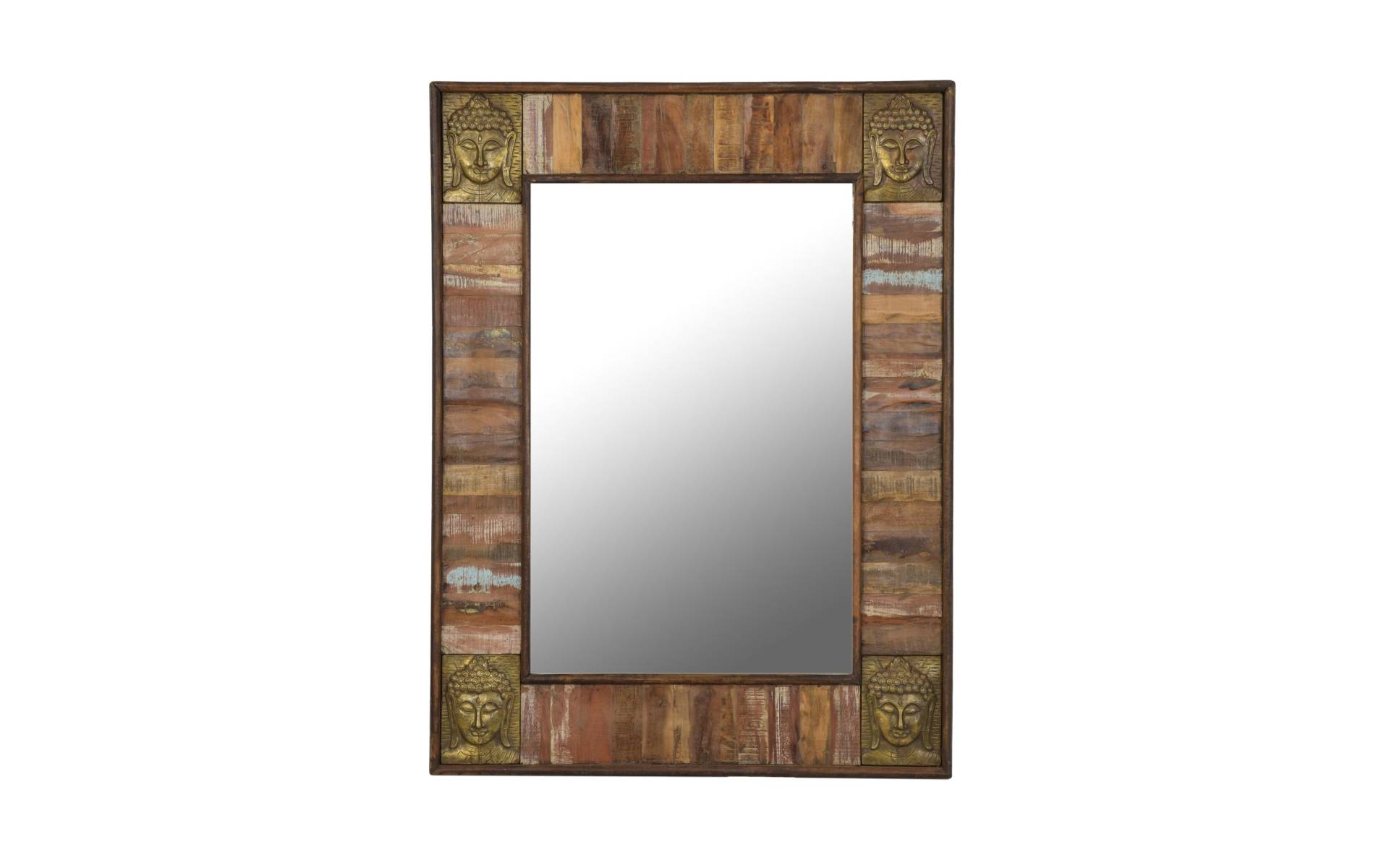 Zrkadlo v ráme, antik teak, kovanie hlavy Budhu, 90x5x122cm