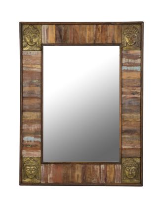 Zrkadlo v ráme z teakového dreva zdobené reliéfmi Budhov, 90x5x122cm
