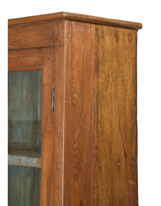 Presklená skriňa z teakového dreva, tyrkysová vo vnútri, 98x36x188cm
