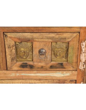 Komoda zo starého teakového dreva, mosadzné kovania, reliéfy Budhov, 85x40x85cm