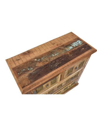 Komoda zo starého teakového dreva, mosadzné kovania, reliéfy Budhov, 85x40x85cm
