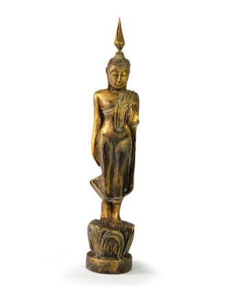 Narodeninový Budha, pondelok, teak, zlatá patina, 26cm