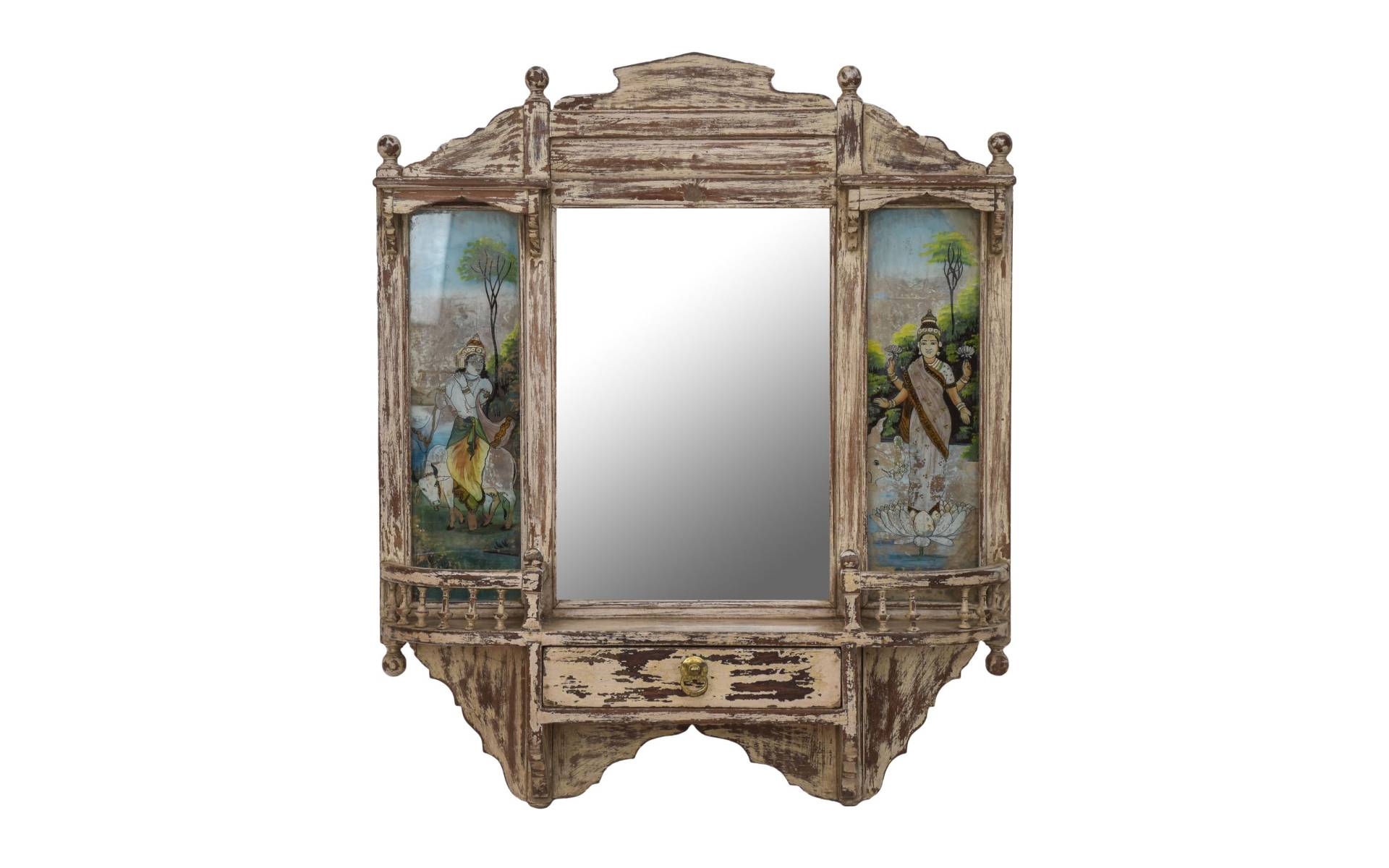 Staré zrkadlo v ráme z teakového dreva, Krišna a Lakšmí, 80x16x96cm