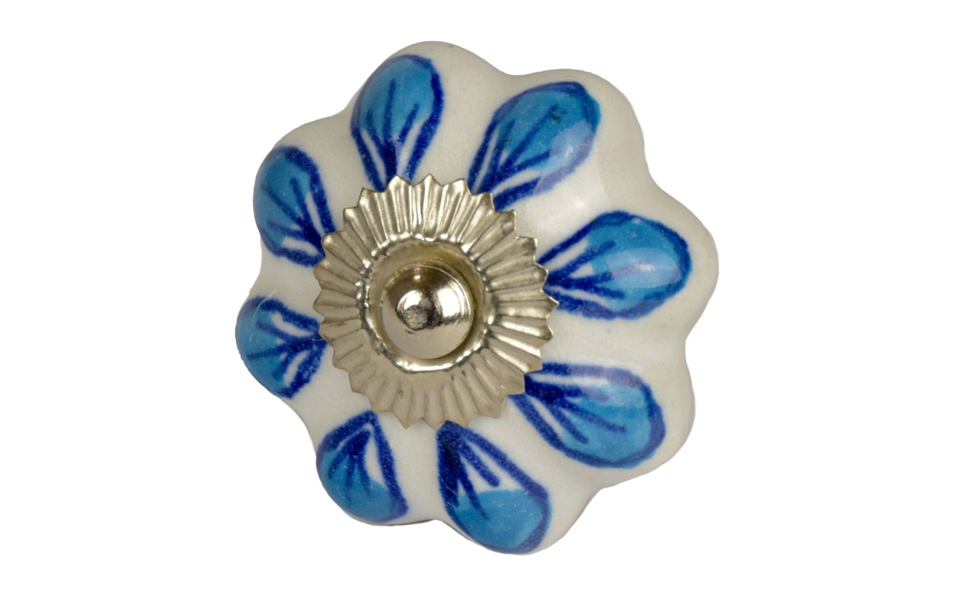 Maľovaná porcelánová úchytka na šuplík, biela, modré okvetné listy, priemer 4,5 cm